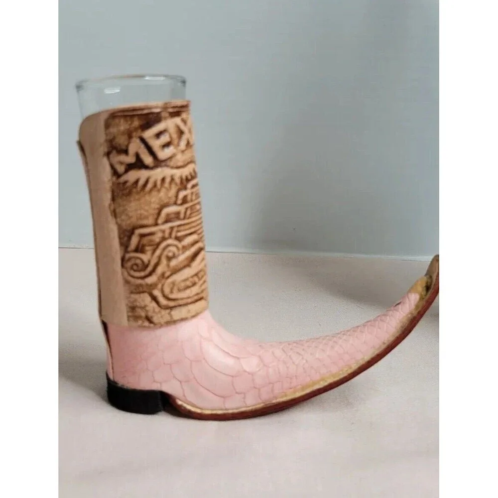 mexican mini leather wrapped boot tequila shots shaped like boot Pink And Brown